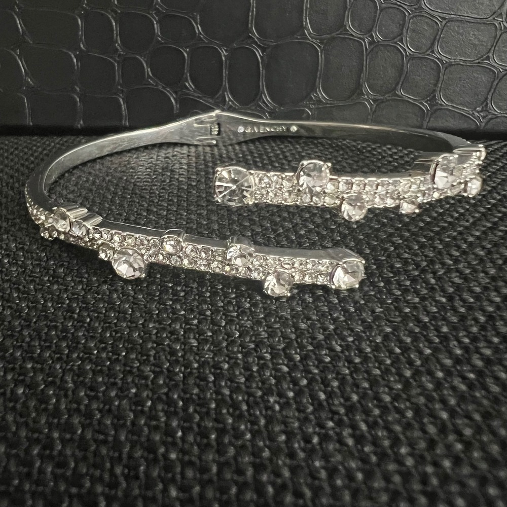 Givenchy Silver Tone Crystal Rhinestone Bypass Hinge Bangle Bracelet 6.75 Glam